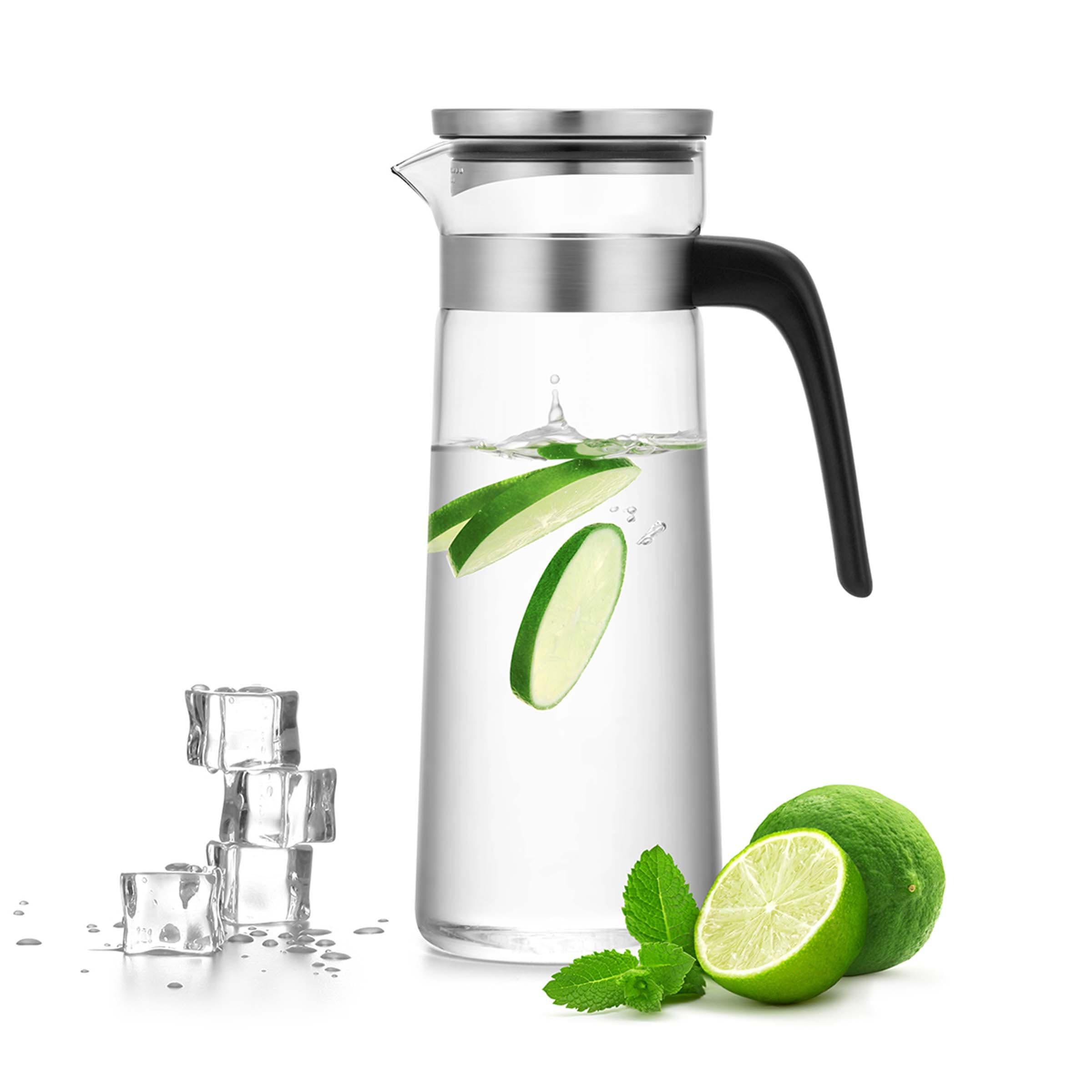 Carafe Limonade APS Carafe En Verre, Couvercle En Acier Inoxydable Mat, Carafe Avec Couvercle, Carafe à Eau, Carafe En Verre Avec Bec Verseur Pour Verser Sans Gouttes, Hauteur 25 Cm, Volume 1